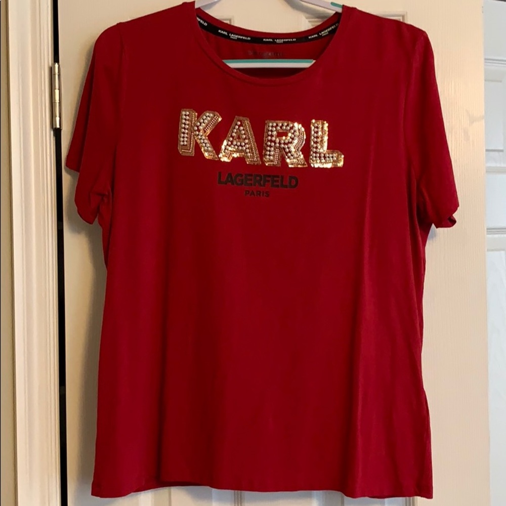 Karl Lagerfeld cherry red t-shirt w/ pearl detail